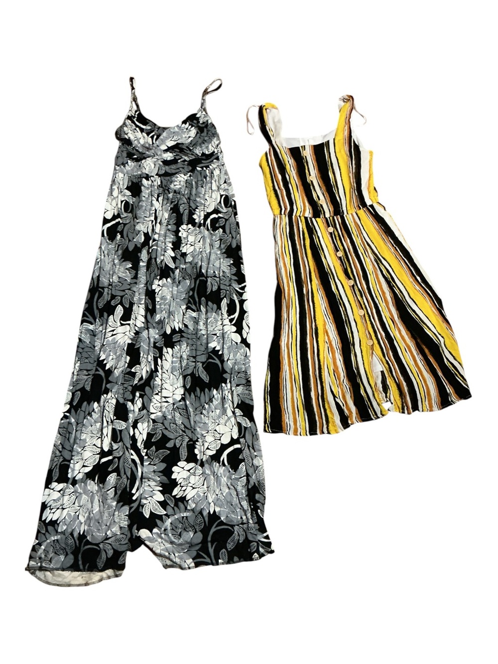 New York & Company Black Floral Maxi and Yellow Striped Midi Dress Set